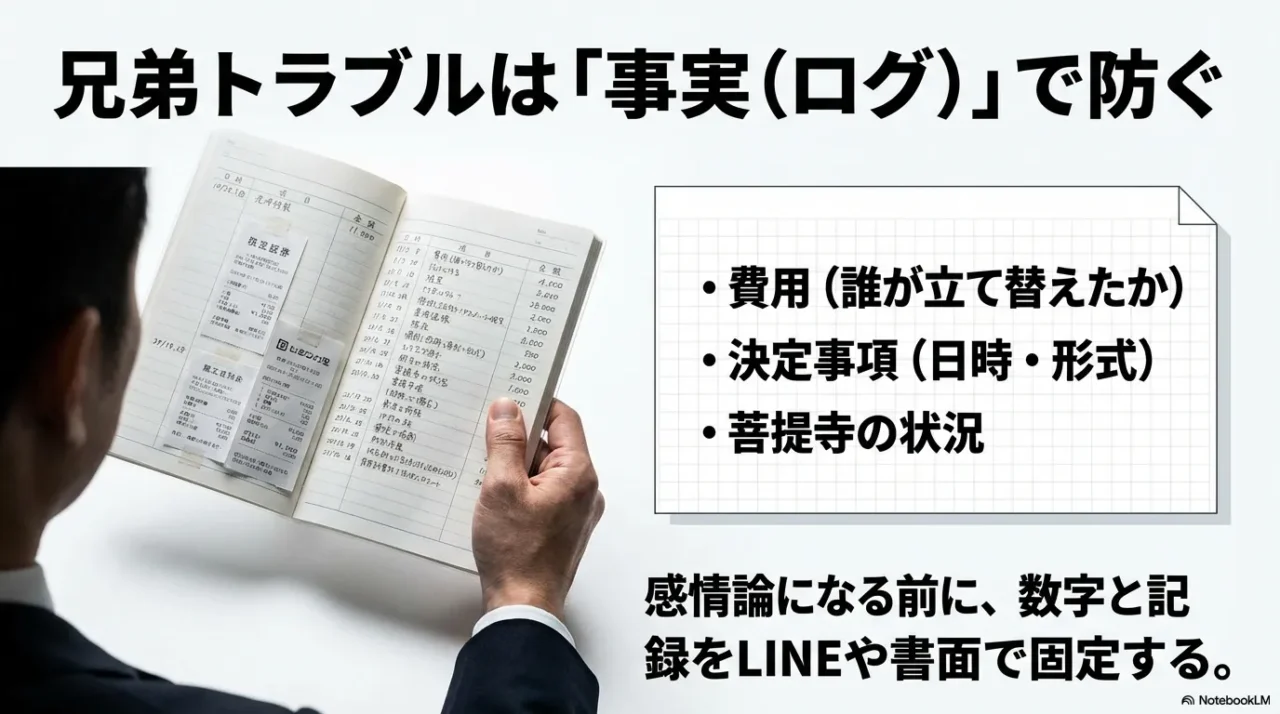 費用・決定事項・菩提寺状況などを記録し、兄弟間の感情的な対立を防ぐ方法を示す画像