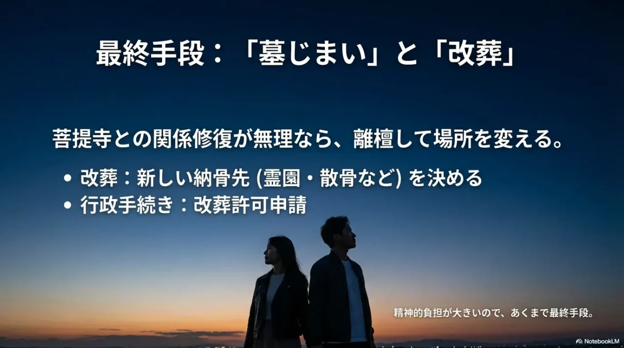 菩提寺と折り合えない場合の最終手段として、離檀・墓じまい・改葬の流れを示す画像