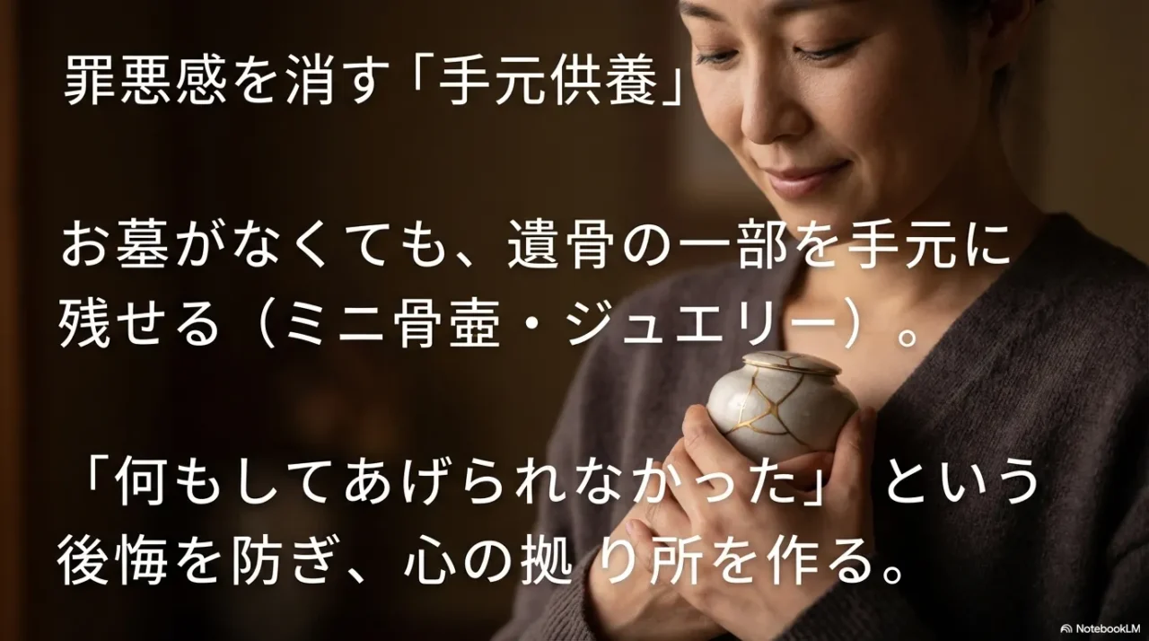 遺骨の一部を手元に残す手元供養で後悔を減らし、心の拠り所を作るという提案画像