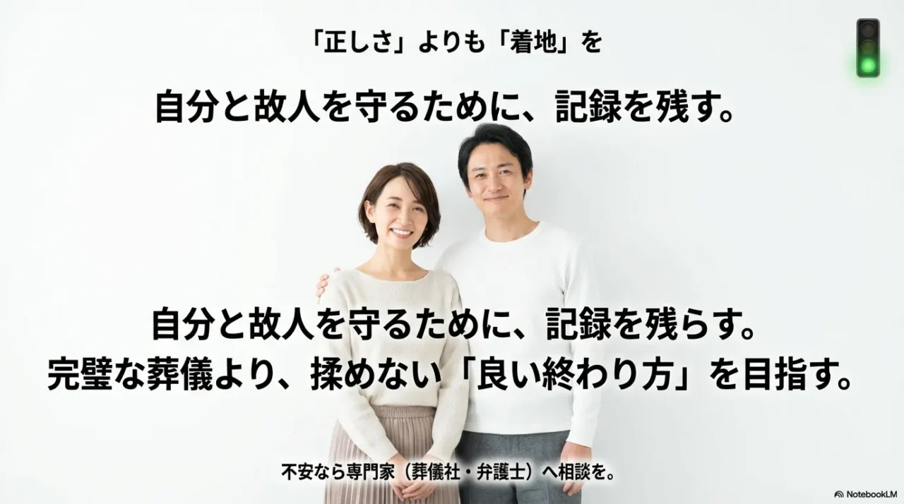 完璧さより揉めない着地を優先し、必要なら葬儀社や弁護士に相談することを促すまとめ画像