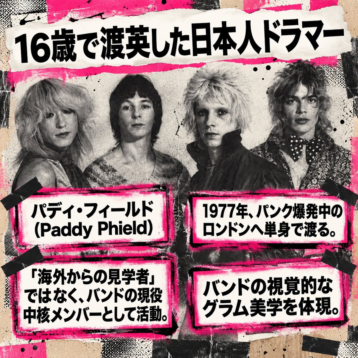 RAPEDの4人のモノクロ写真とともに、日本人ドラマーのパディ・フィールドが1977年に16歳で渡英した経歴を示す画像