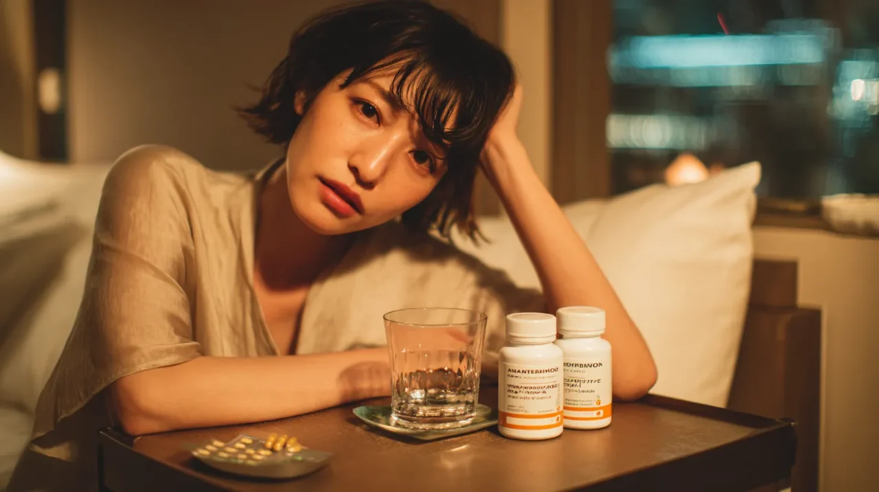 寝る前に水のグラスと薬のボトルを前に悩む女性。アセトアミノフェンやNSAIDsの注意を連想させる
