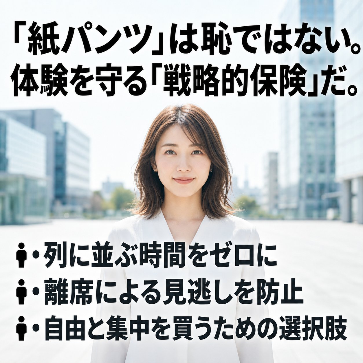 ビル街を背景に立つ女性の写真に、紙パンツは恥ではなく体験を守る保険だという見出しと、並ぶ回数を減らす・離席による見逃しを防ぐ・自由と集中を買う選択肢という3つの要点が並ぶ