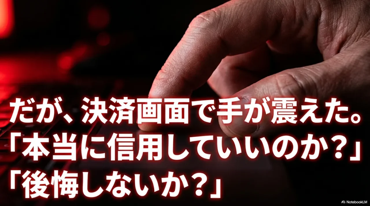 決済ボタンに指をかけながら不安を感じる手元