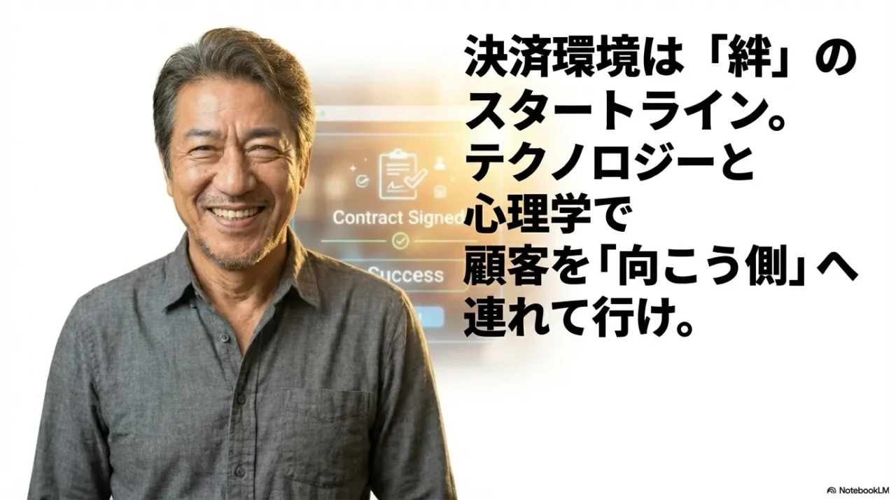 笑顔の男性とデジタル決済イメージ