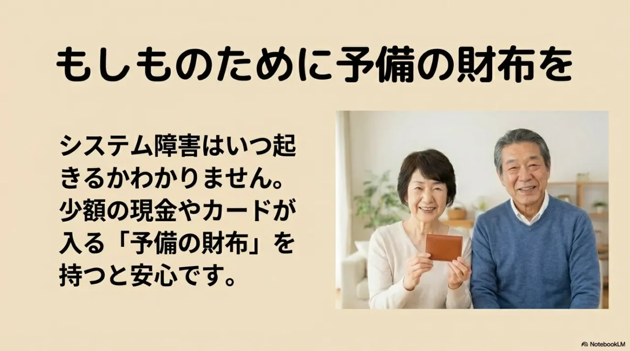 システム障害に備えて、少額の現金とサブカードを入れた「予備の財布」を持つと安心だと伝える画像