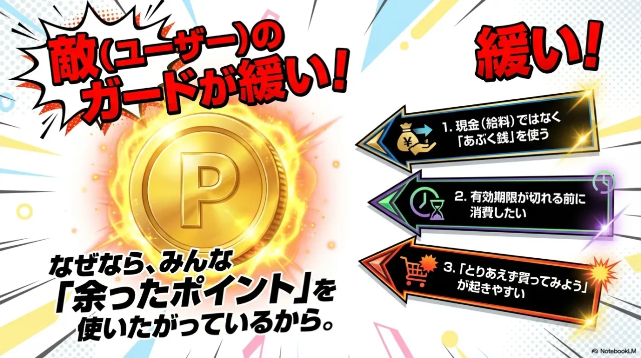 現金ではなく余ったポイント（あぶく銭）を使いたがるユーザー心理の図解
