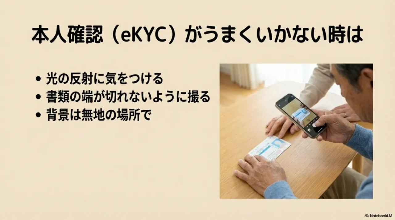 本人確認（eKYC）審査中は焦って再提出を繰り返さず、状況整理と待機が重要だと示す画像