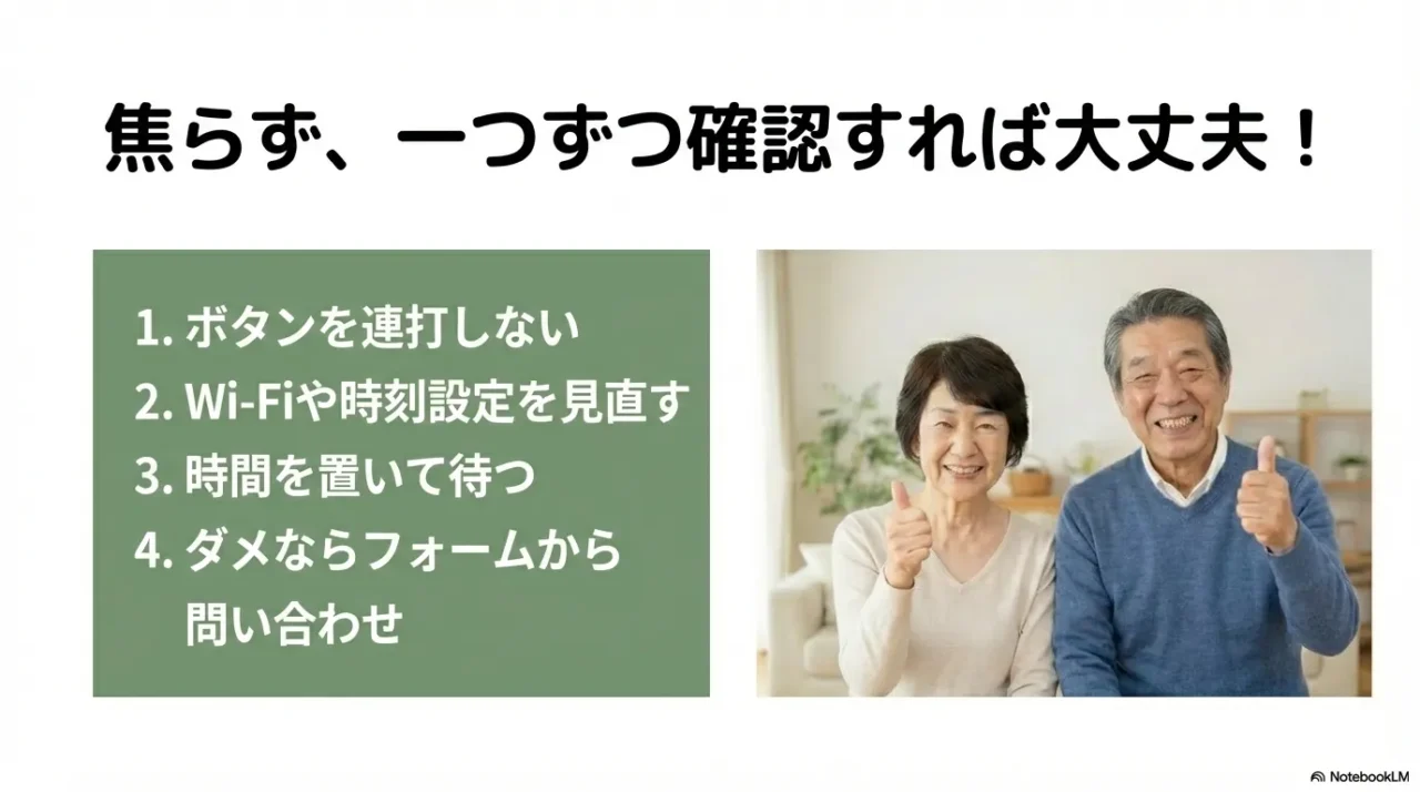 PayPay利用制限時に、連打を避け、Wi-Fiや時刻設定を見直し、時間を置いて待ち、ダメならフォームで問い合わせる手順をまとめた画像