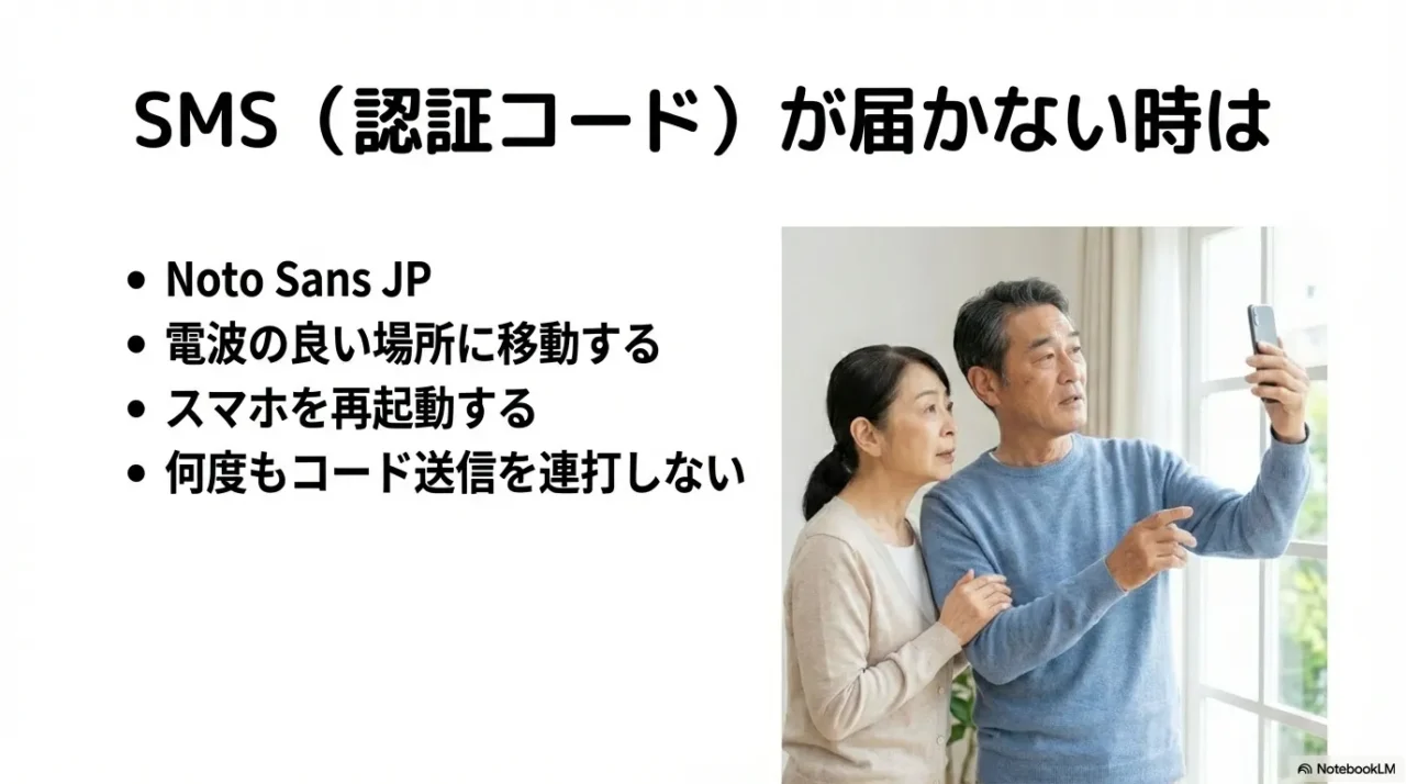機内モード切替、回線変更、迷惑SMS設定確認など、SMSが届かない原因の切り分け手順を示す画像