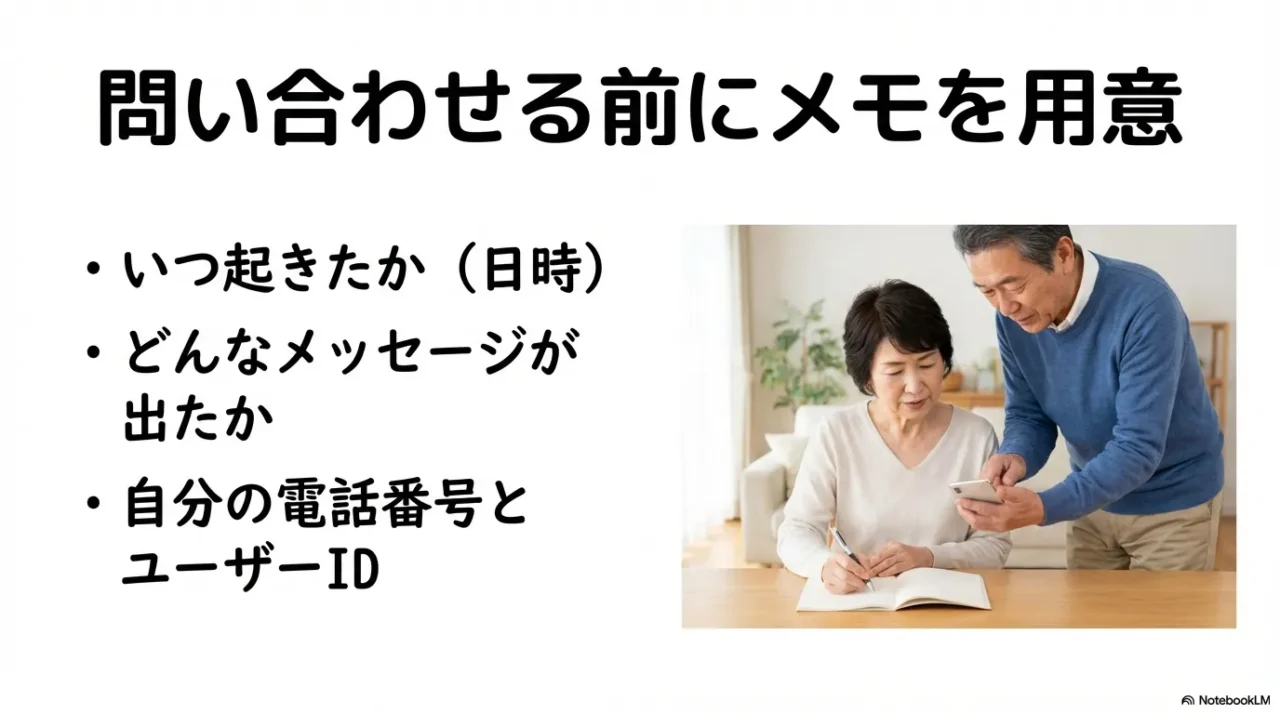 発生日時、表示メッセージ、困っていること、直前の操作、試したことを整理する問い合わせテンプレ画像