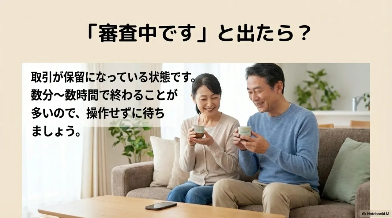 PayPayで「取引の審査中です」と表示されたときは取引が保留の状態なので、操作せずに待つべきことを伝える画像