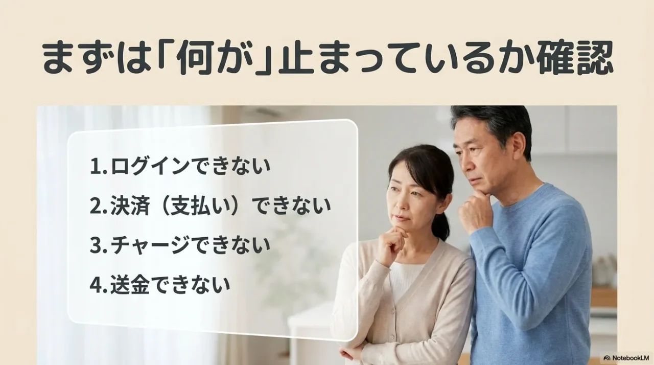 PayPayの利用制限時に、ログイン・決済（支払い）・チャージ・送金のどれができないのかを先に切り分けることを示した確認リスト画像