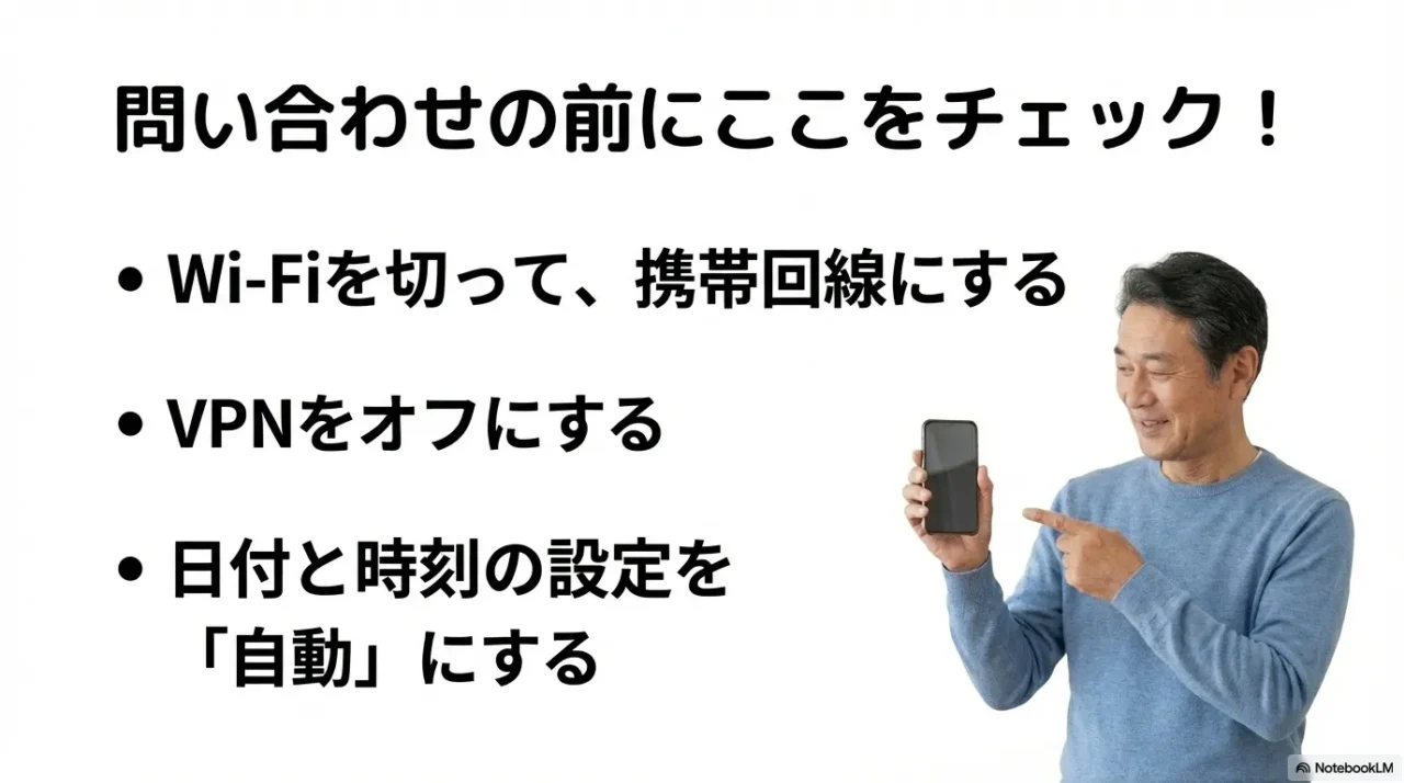 VPNオフ、回線変更、端末の日時自動設定など、誤検知を減らす環境チェックを示す画像
