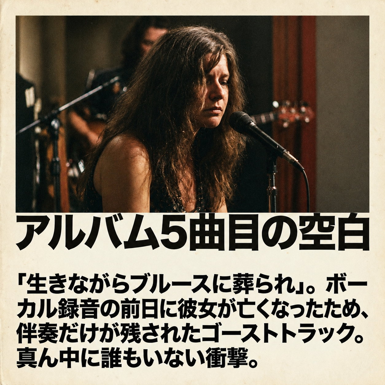 薄暗い会場でマイクの前に立ち目を伏せるジャニス・ジョプリンの写真の下に、アルバム5曲目が伴奏だけで残された経緯を説明する文章を置いた画像