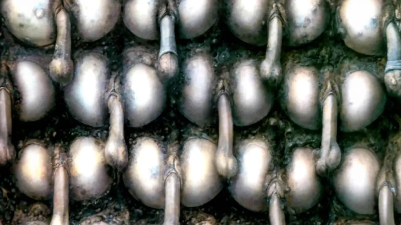 H・R・ギーガーによる有機物と機械的形状が融合した抽象的で衝撃的なアート作品のクローズアップ