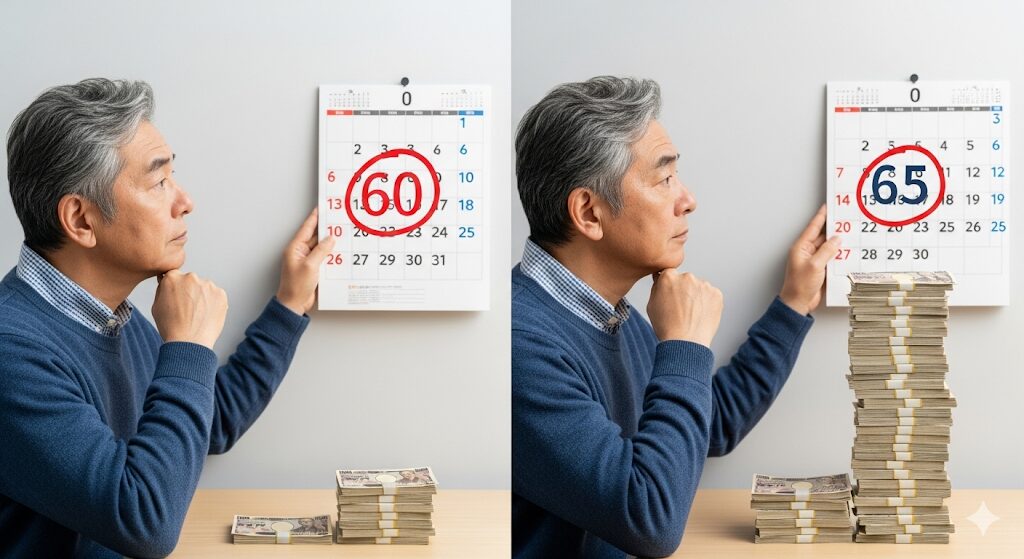 60歳と65歳での年金受給額の違いをカレンダーと札束で比較する男性