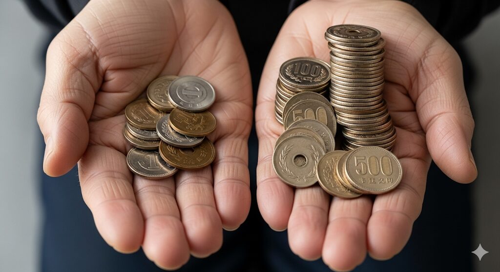 60歳と65歳受給の年金額の差を示す、両手の硬貨と札束