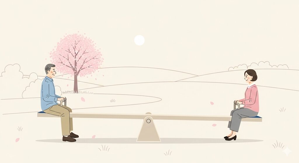 年金受給の損益分岐点を表す、シーソーに乗った高齢の夫婦のイラスト
