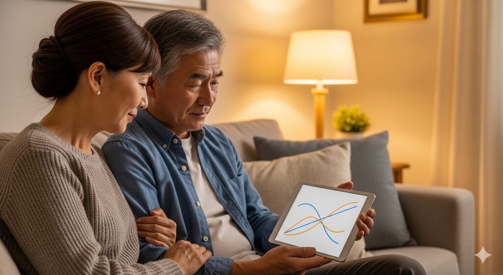 年金受給額のグラフをタブレットで比較検討する夫婦