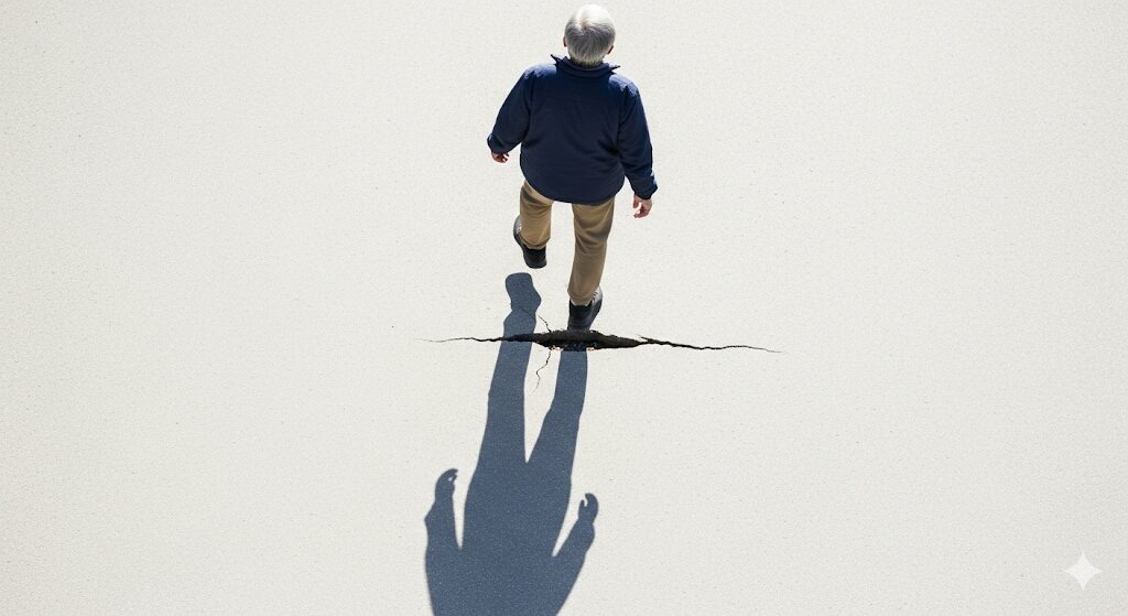 年金制度の落とし穴を象徴する、ひび割れた道を進む男性