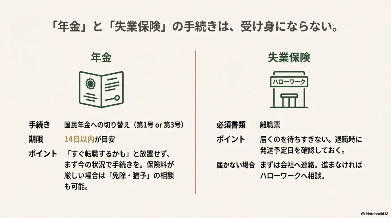 国民年金への切り替えと、ハローワークでの失業保険手続き（離職票の確認など）の重要ポイント。