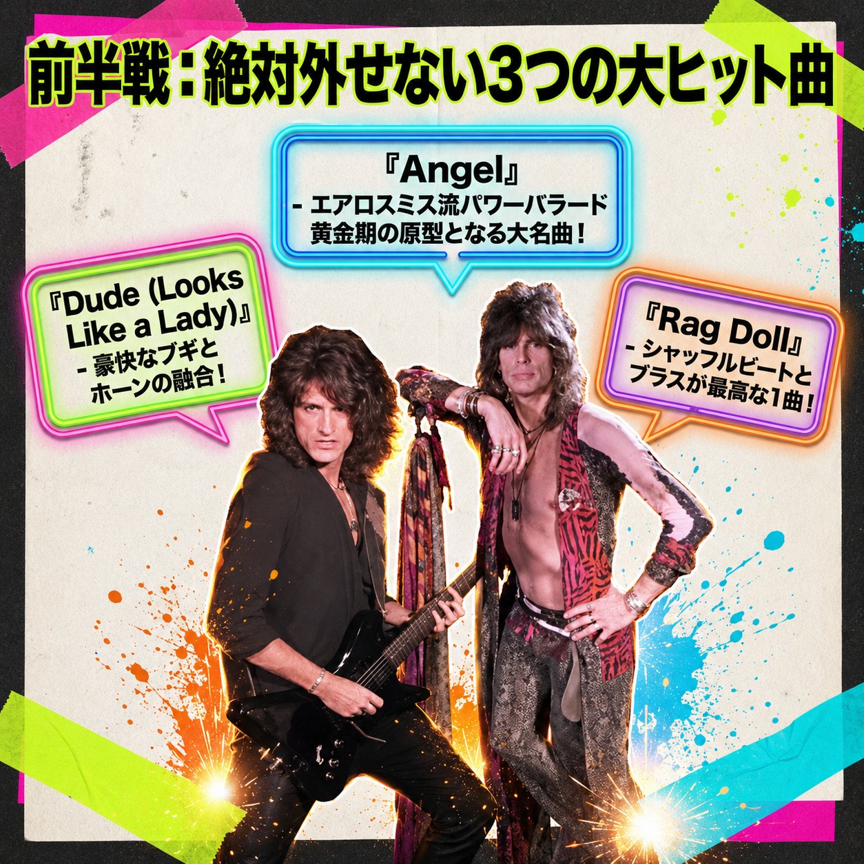 『Dude (Looks Like a Lady)』『Angel』『Rag Doll』のヒット曲3曲を、吹き出しつきのバンド写真で紹介する画像