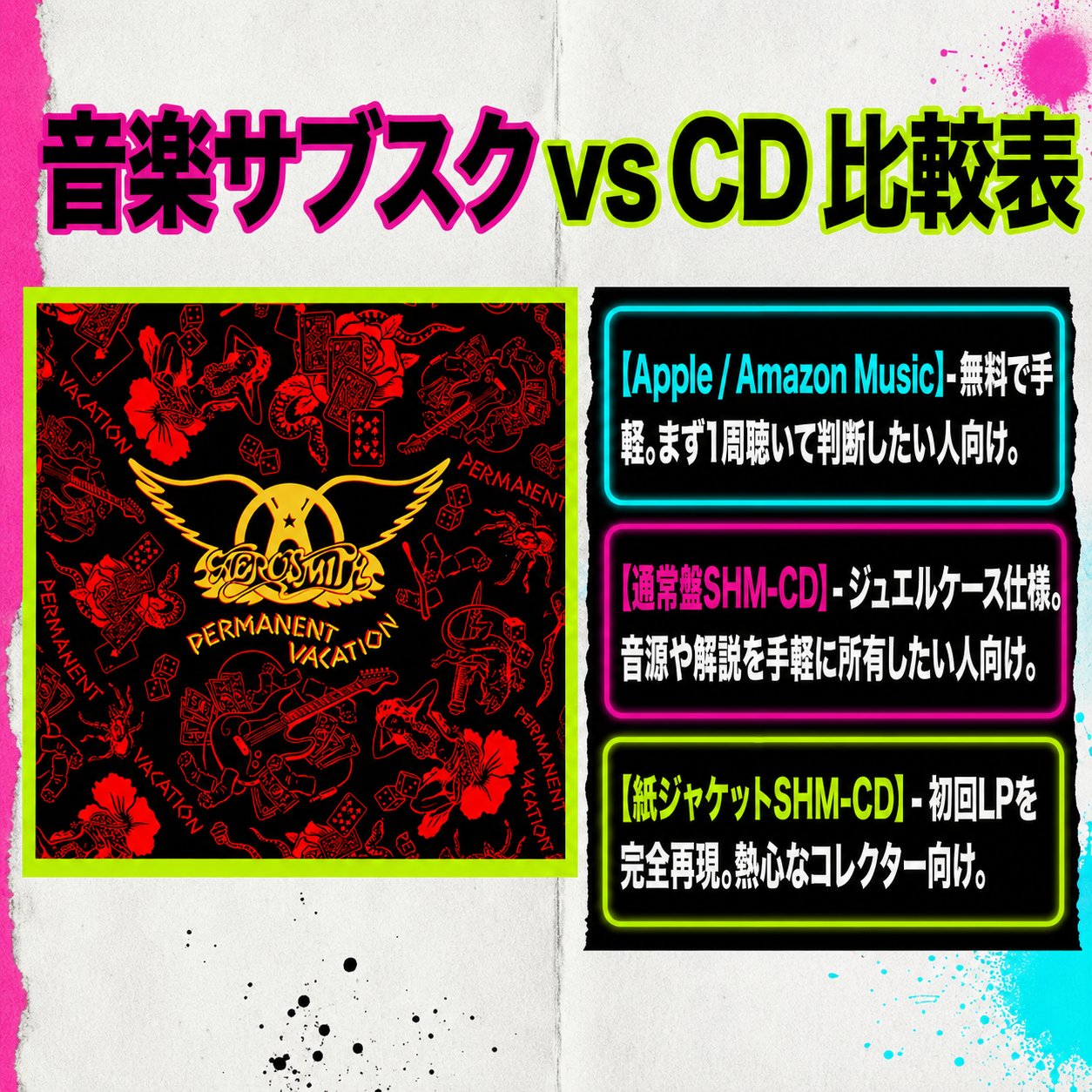 『パーマネント・ヴァケイション』を聴く手段として音楽サブスクと通常盤SHM-CD、紙ジャケットSHM-CDの3つを比較した画像