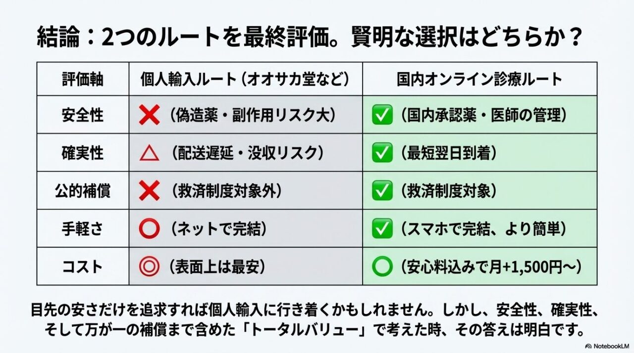 安全性、確実性、公的補償、手軽さ、コストの5軸で個人輸入と国内オンライン診療を比較した最終評価チャート