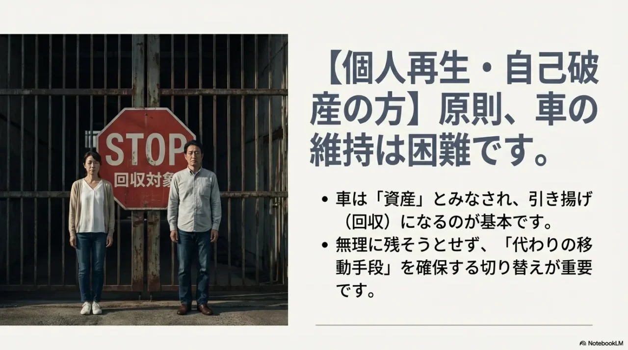 個人再生・自己破産の方は原則、車の維持は困難です。車は資産とみなされ回収対象になるため、代わりの移動手段の確保が重要。