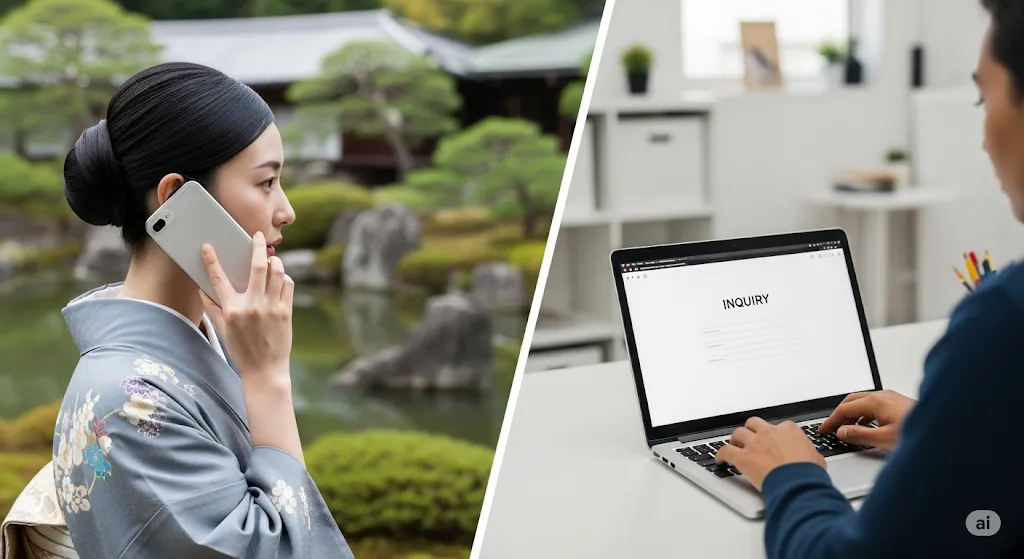 電話で問い合わせる女性とウェブで問い合わせる人物の比較画像