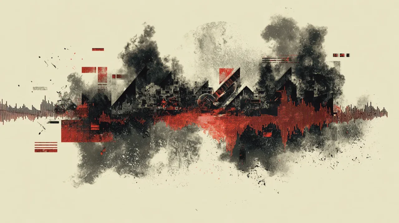 赤い波形が中心に走り、黒い煙や抽象的な幾何形状が広がる中で、ダブ特有の重い低音と空間的な響きを視覚化した抽象アート作品。