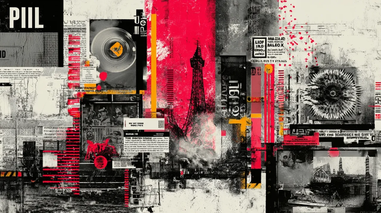 Public Image Ltd. の歴史を象徴するアイコンや新聞断片、フィルム缶、塔のシルエット、抽象的な模様が赤・黒・黄色を基調としたコラージュとして組み合わされたアートワーク。