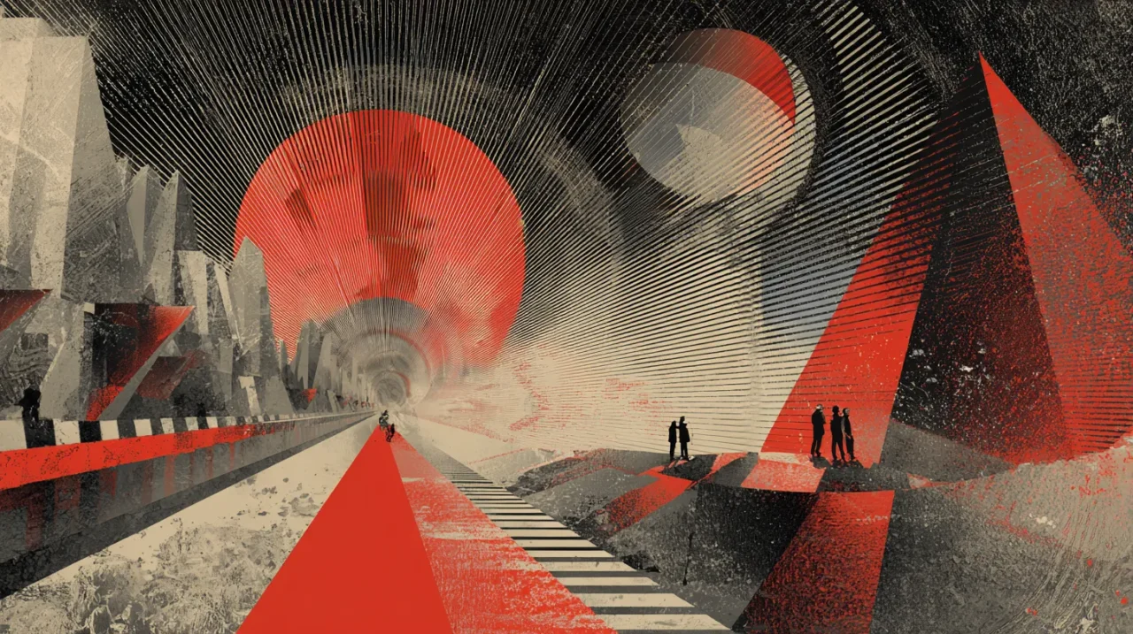 抽象化された都市空間と放射状のラインが広がる中、赤と黒を基調とした幾何学的構図で描かれた、ポストパンクからU2のサウンドへの影響を象徴するイメージ。