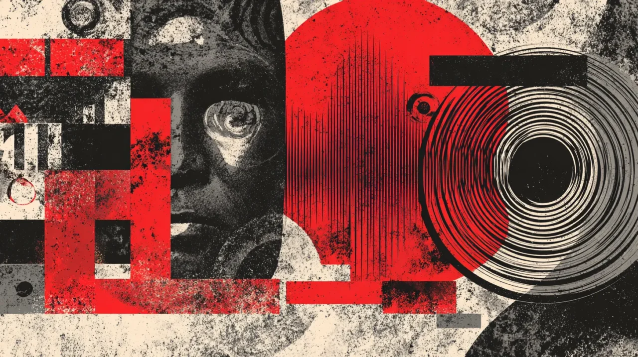 赤と黒を基調にした抽象的な図形や円形の波紋が重なり、中央には質感の荒い顔のシルエットが配置され、ダブ特有の重低音のうねりと圧力を象徴的に描いたアートワーク。