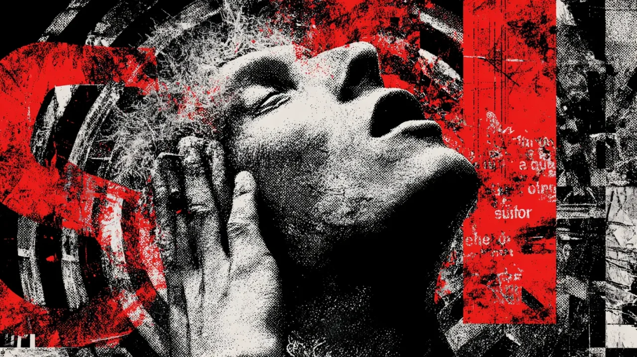 赤と黒の荒々しいテクスチャの中で、目を閉じて叫ぶような表情の人物像がコラージュされ、声のエネルギーや混沌を象徴的に描いたアートワーク。