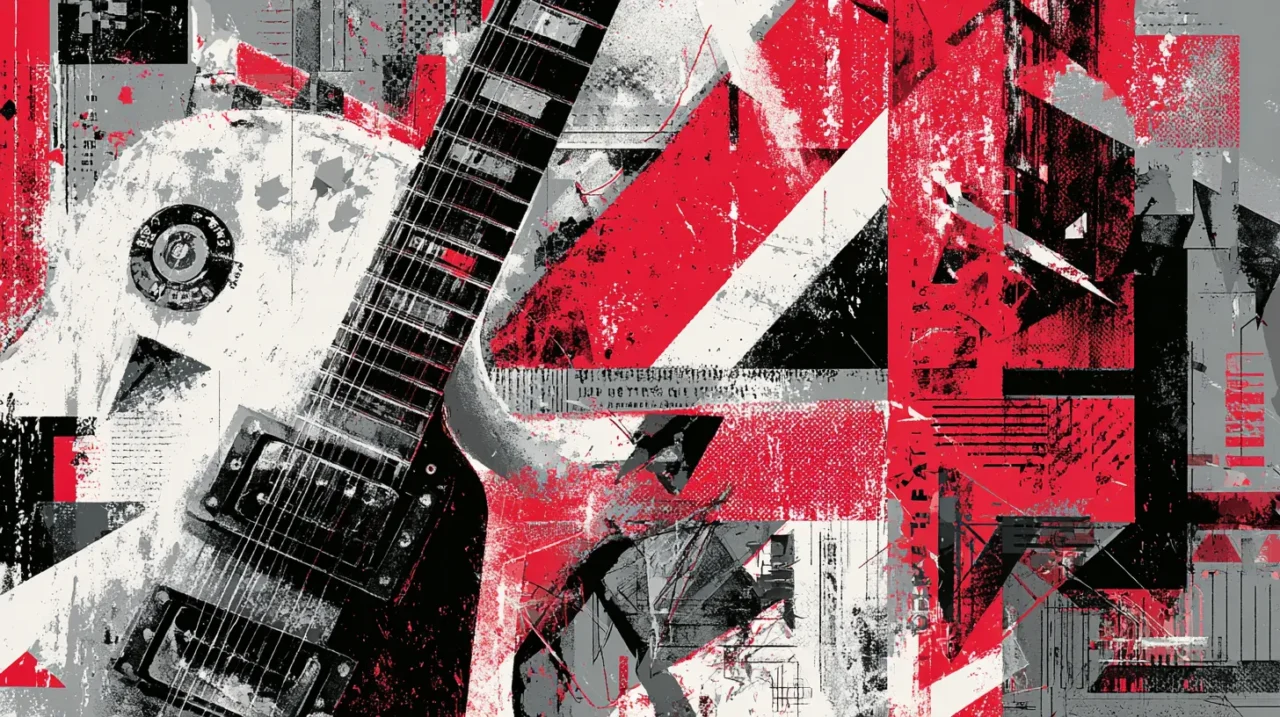 白いエレキギターと赤・黒・灰色の鋭い幾何学模様が重なり合い、ノイズ感のある質感でポストパンク特有のメタリックかつ尖ったサウンドを象徴的に描いたアートワーク。