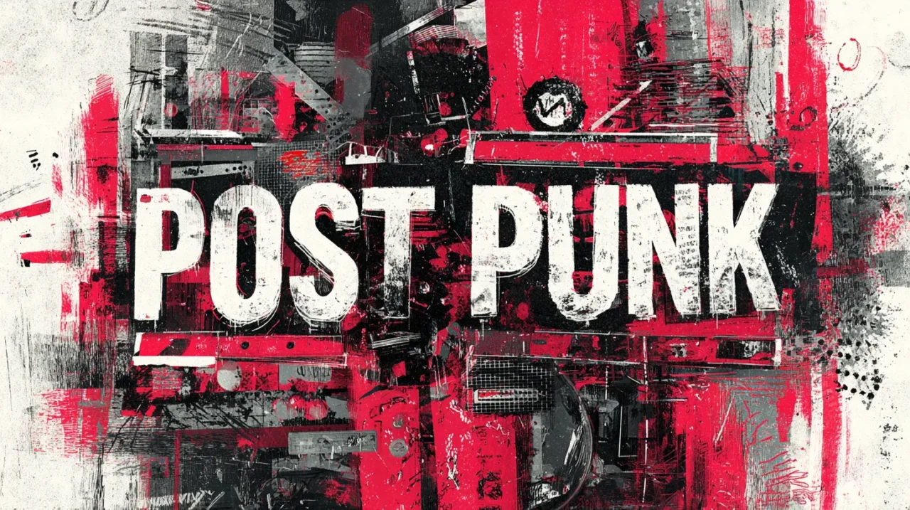 赤と黒の荒々しいコラージュに「POST PUNK」の大きな文字が重なったグラフィック。金属質の質感とノイズが混沌を表現。