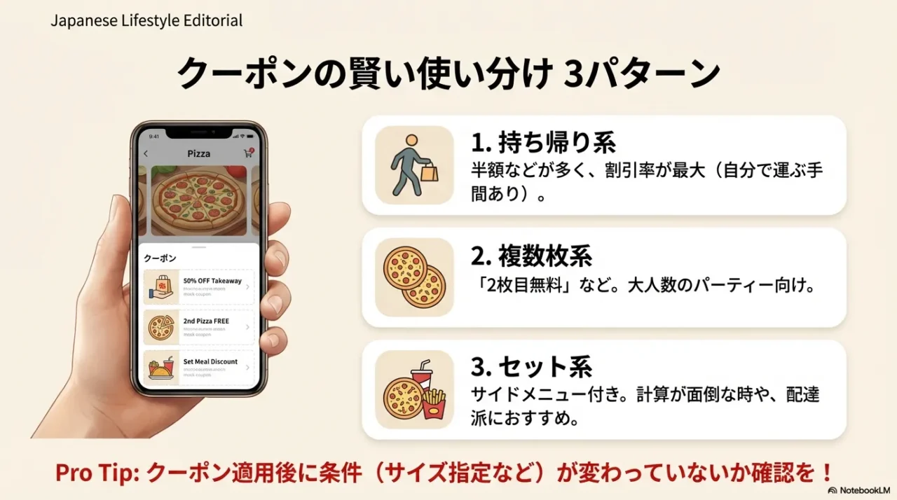 持ち帰り系、複数枚系、セット系の3パターンでクーポンを使い分ける図。適用後の条件確認も注意