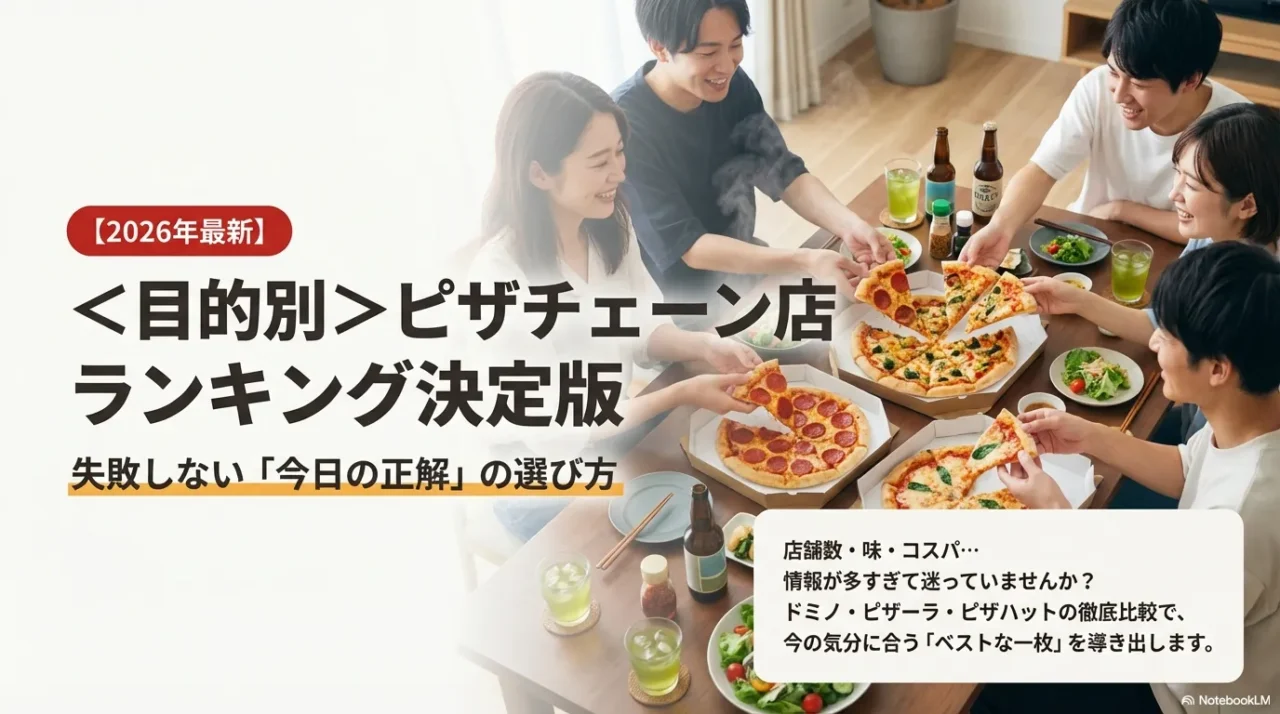2026年最新の目的別ピザチェーン店ランキングの表紙。失敗しない今日の正解の選び方を紹介