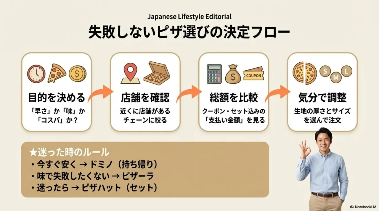 目的を決める→店舗確認→総額比較→気分で生地とサイズ調整の流れで、ピザ選びを即決するフローチャート