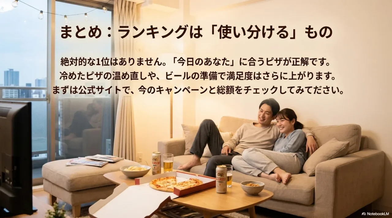 ランキングに絶対の1位はなく、今日の自分に合う選び方が正解だとまとめるスライド。公式サイトで総額確認も促す