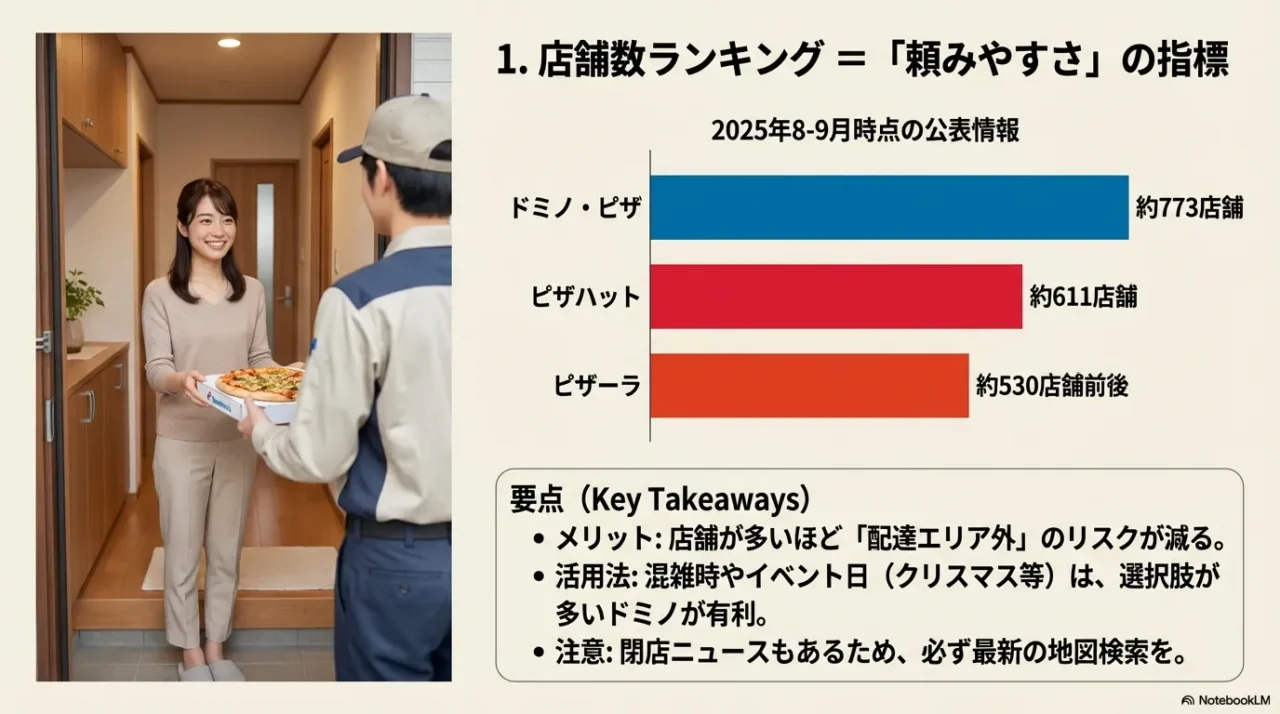 店舗数ランキングの比較図。ドミノ、ピザハット、ピザーラの店舗数目安と、店舗数が多いメリットを解説