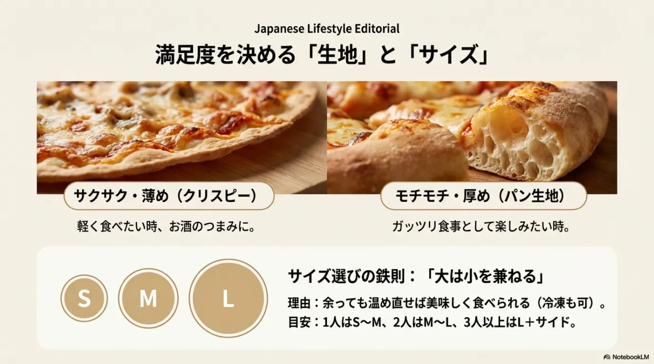 クリスピー薄めとパン生地厚めの違い、SMLのサイズ選び目安、大は小を兼ねる考え方をまとめた図