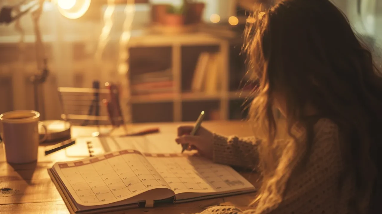 温かな照明の下で、卓上カレンダーに予定を書き込んでいる女性の後ろ姿を捉えたシーン