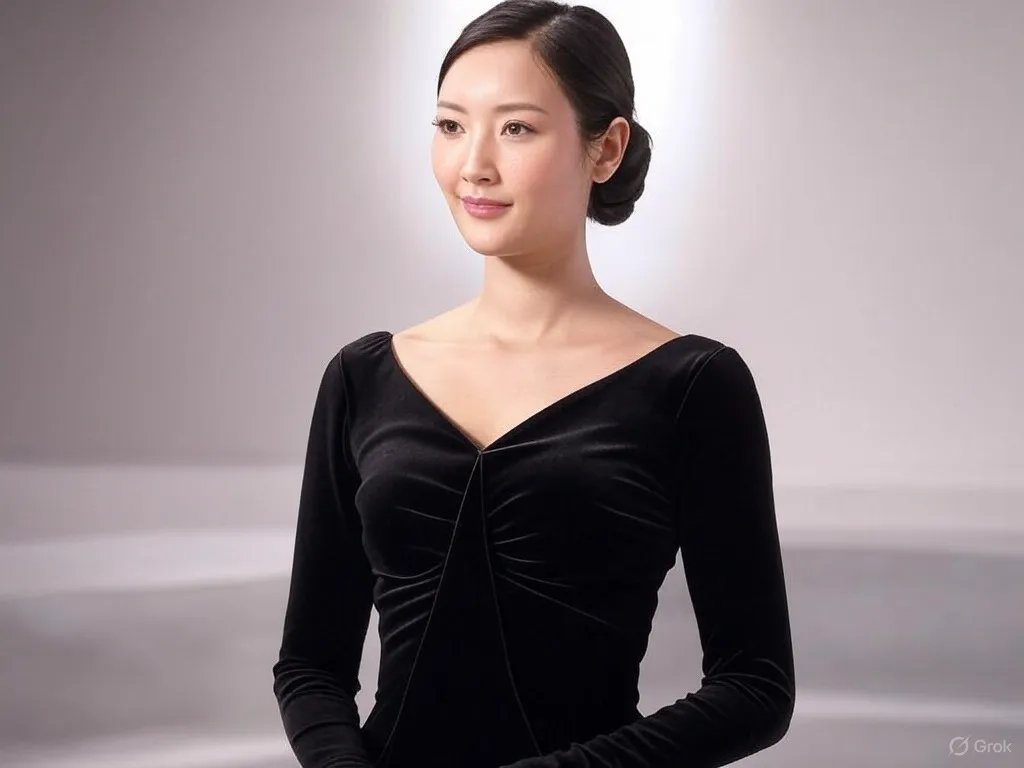 黒いドレスを着た女性が微笑む整ったポートレート