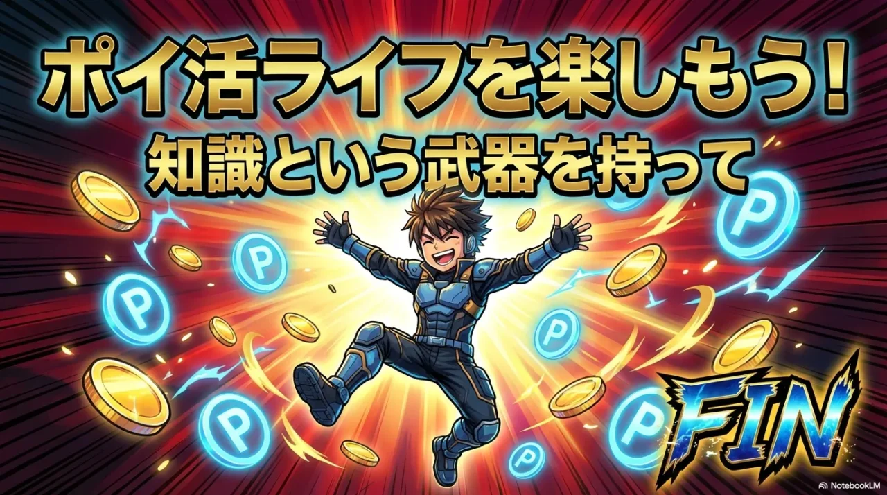 ポイ活ライフを楽しもう！知識という武器を持って。コインとポイントに囲まれてジャンプするキャラクターとFINの文字