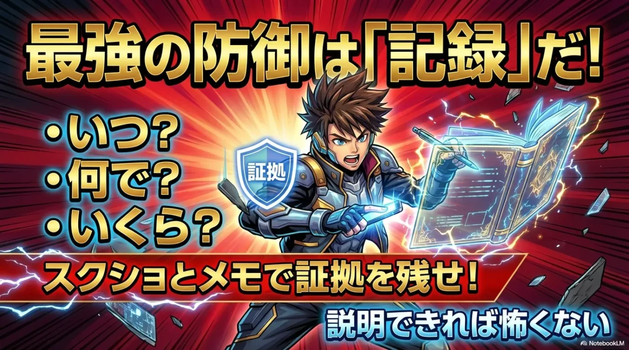 いつ、何で、いくら獲得したかの証拠として、画面のスクリーンショットやメモを残すことの重要性を説く図