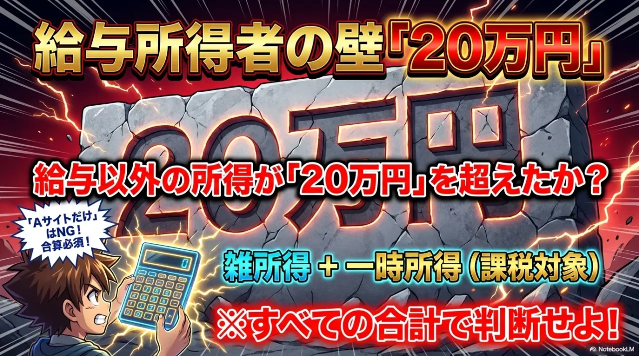 給与以外の所得が20万円を超えたかの判断は、サイトごとの判定ではなく全ての合算が必要であるという解説図
