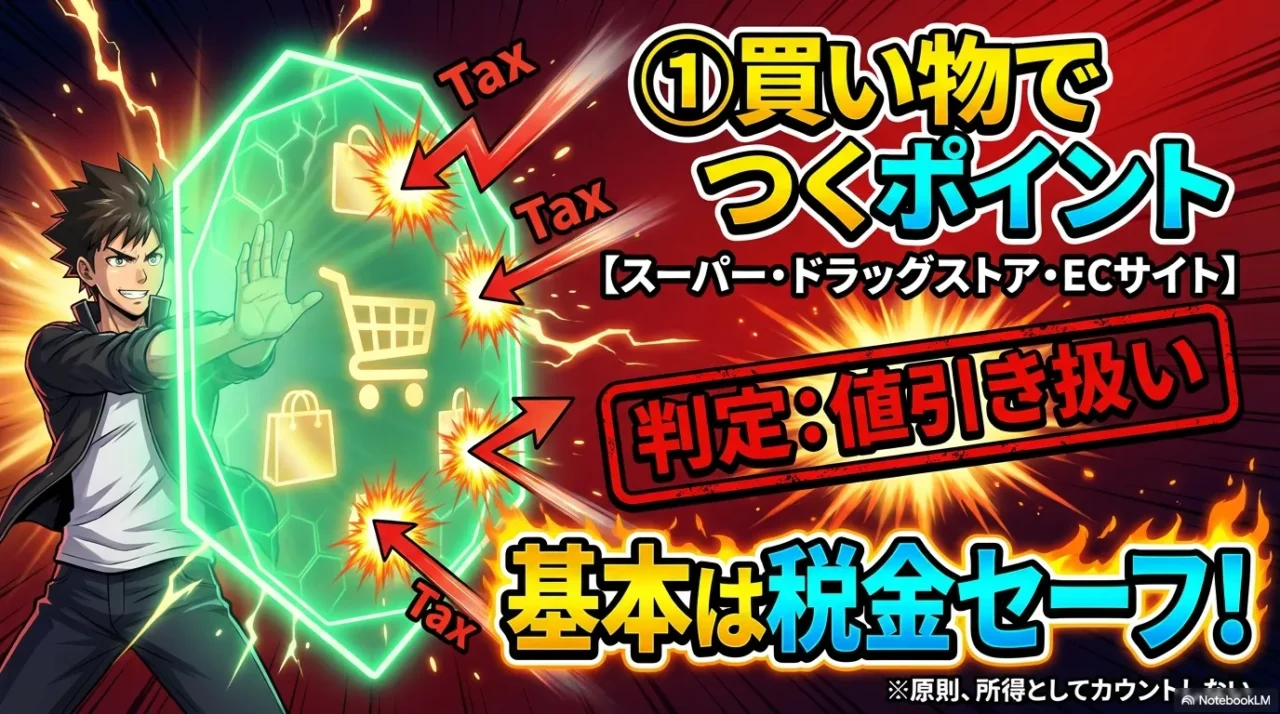 スーパーやECサイトの購入で付与されるポイントは値引き扱いで、基本は税金セーフという解説図